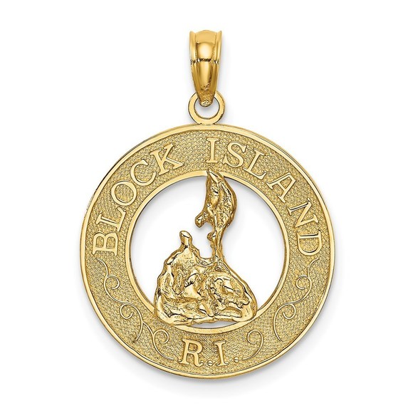 14k Yellow Gold Small Travel BLOCK ISLAND RI Circle w/ Map Charm